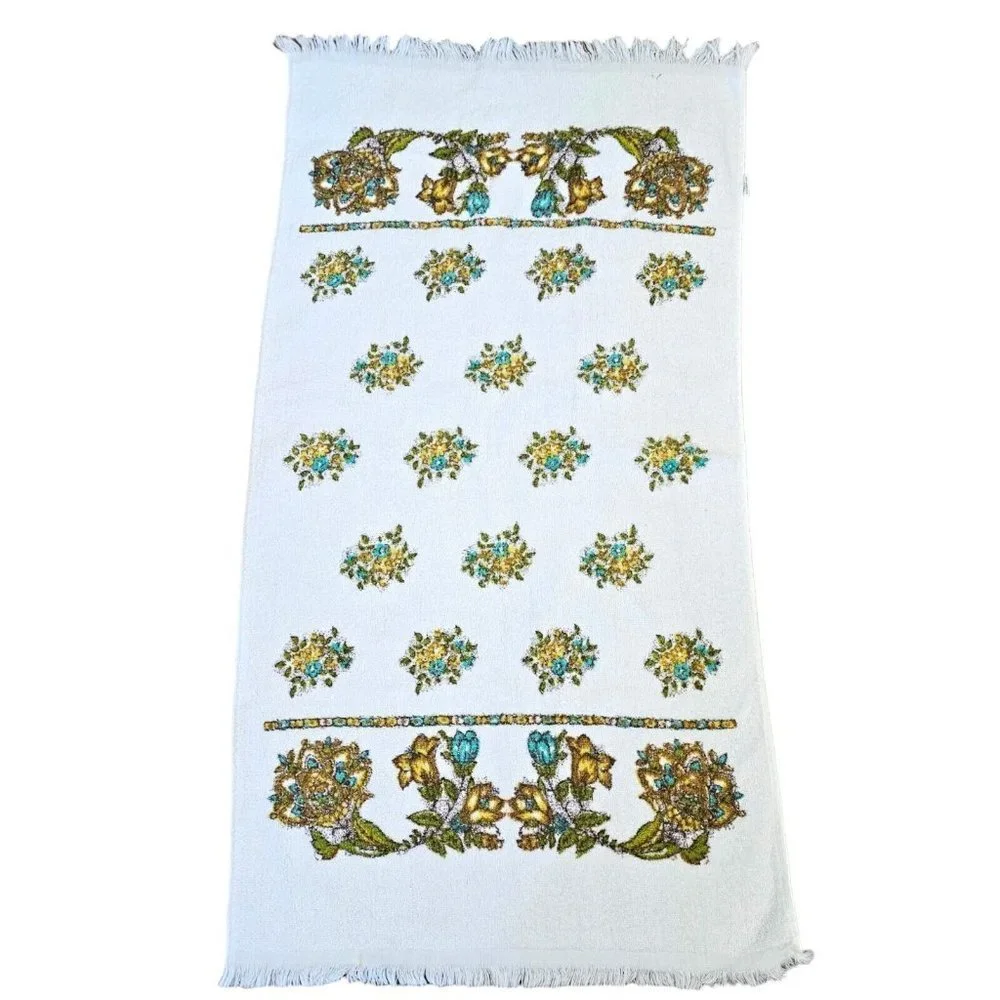 VTG Boho Yellow Blue White Floral Bath‎ Towel Set 22 X 39